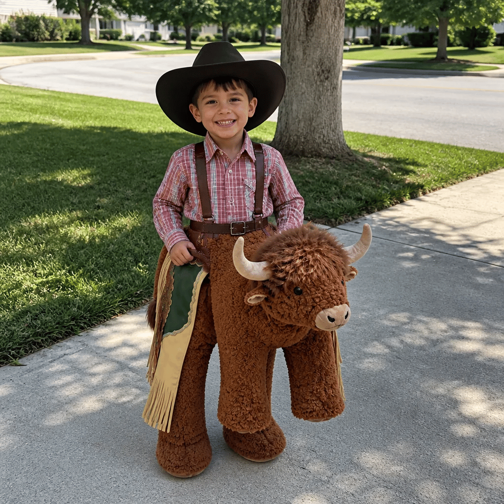 🤠🐂 Little Rodeo Rider Plush Bull Costume – Adjustable Cowboy Ride-On Dress-Up