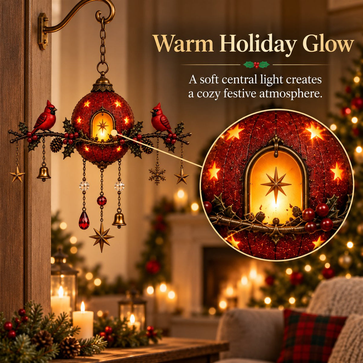 Warm illuminated cardinal Christmas decor