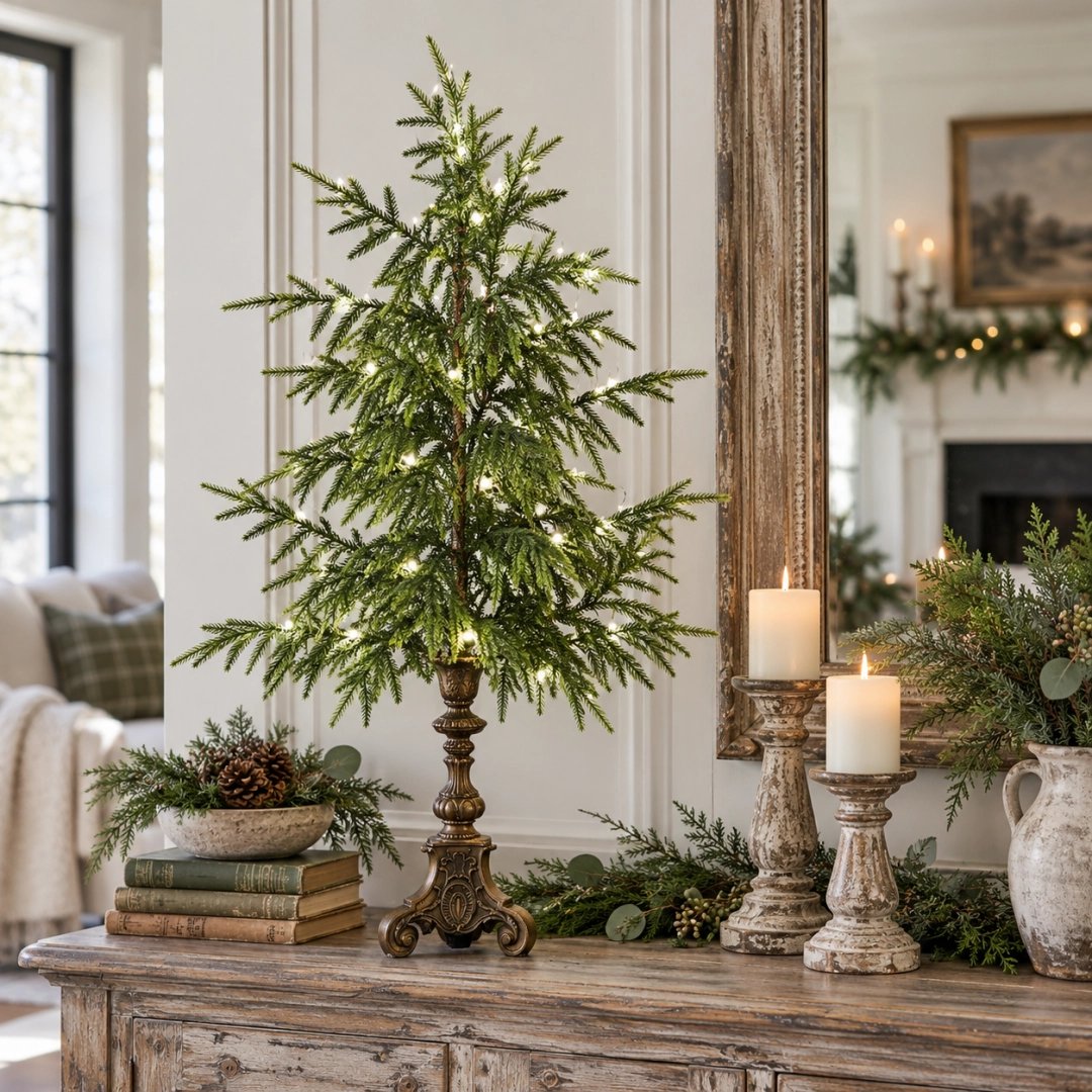 🌲✨ Vintage Norfolk Pine Christmas Tree – Cozy Holiday Tabletop Decor