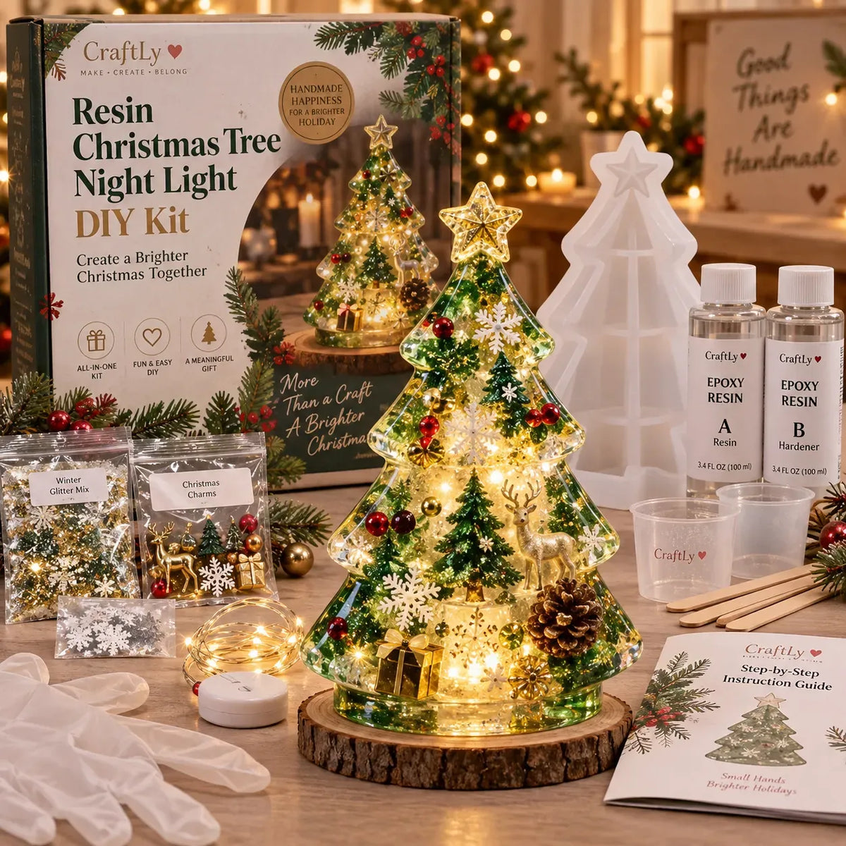 🎄Beginner-Friendly Resin Christmas Tree Night Light DIY Kit | Complete Kit with Mold, Resin, Fairy Lights & Festive Decorations ✨