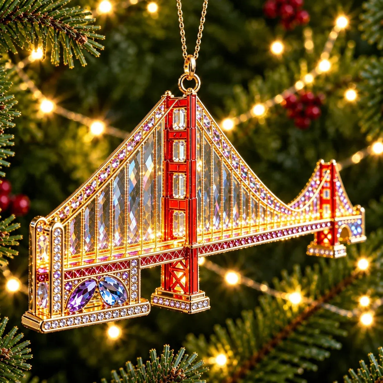 Golden Gate Bridge crystal Christmas ornament hanging on a Christmas tree