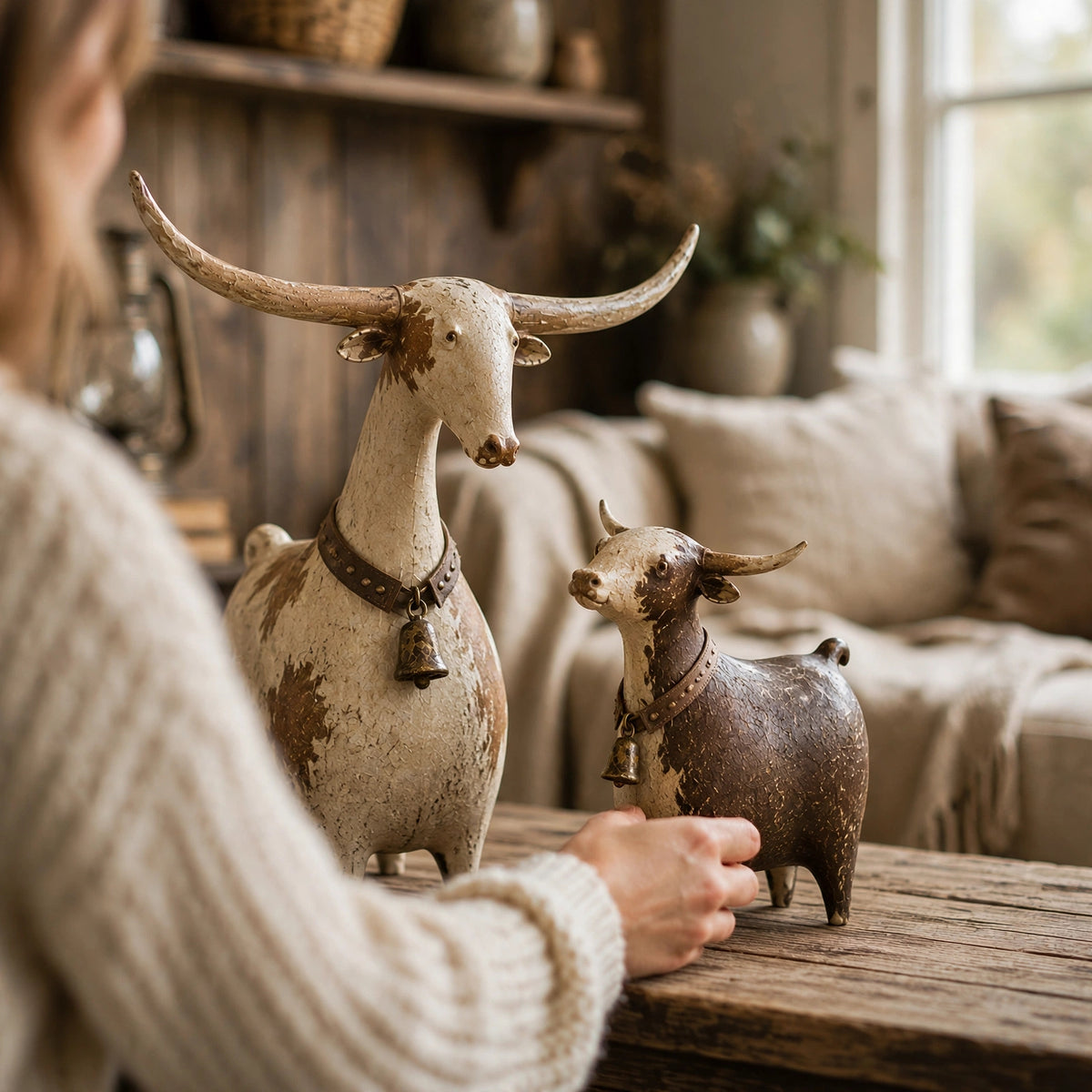 🐂🤎 Rustic Longhorn Cow & Calf Sculpture Set 🤠✨