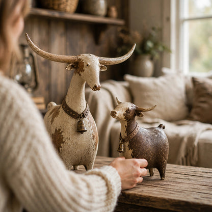 🐂🤎 Rustic Longhorn Cow & Calf Sculpture Set 🤠✨