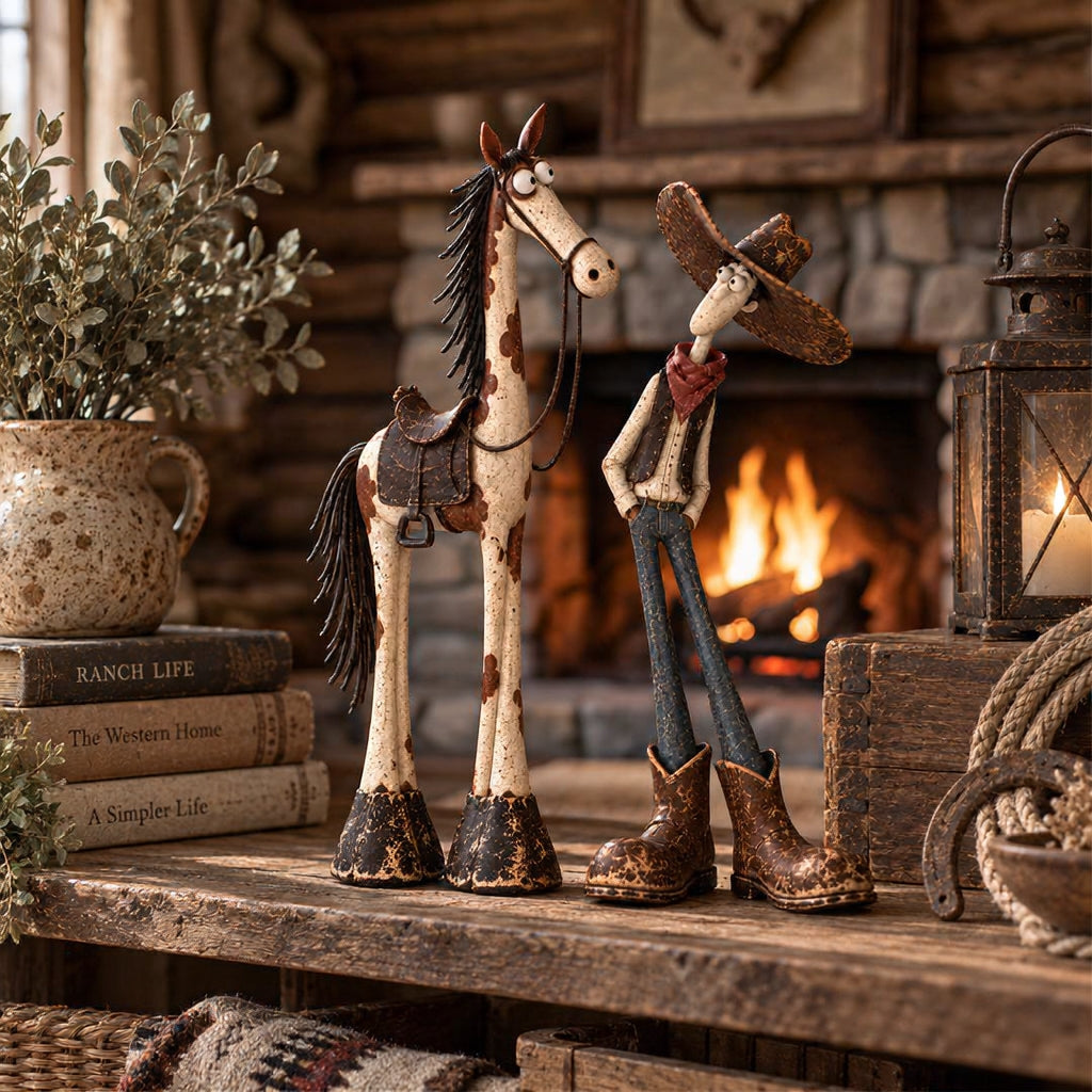 Western figurines styled in a rustic home