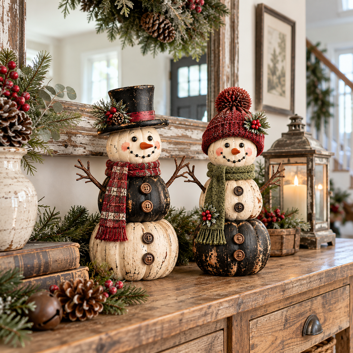 ☃️ Vintage Pumpkin Snowman Duo – Rustic Black & Ivory Farmhouse Christmas Figurines
