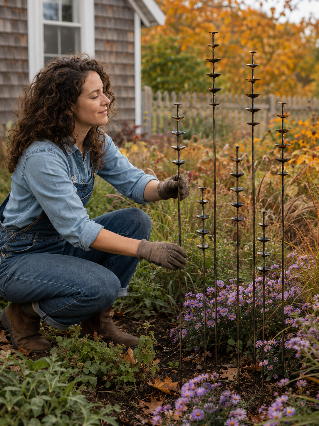 9 Pack Rustic Metal Flower Garden Stake Set, Bird Perch Station & Pollinator Watering Garden Decor
