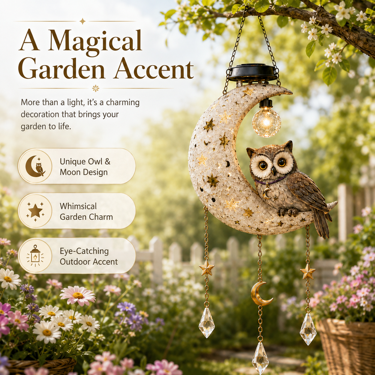 Solar owl crescent moon garden light