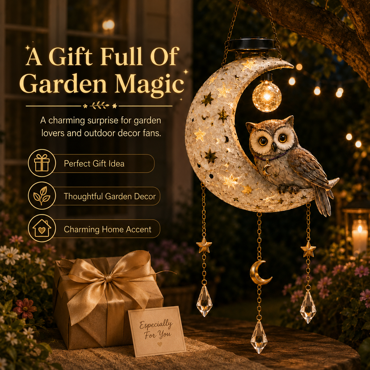 Solar owl moon light displayed in an outdoor garden