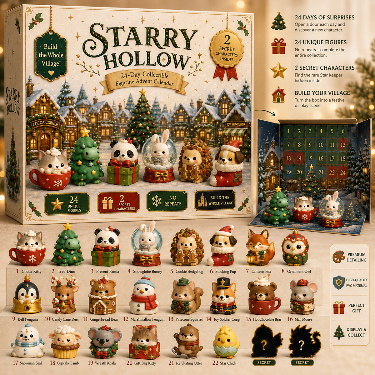 Hollymere Village 24-day collectible figurine advent calendar with 24 Christmas characters