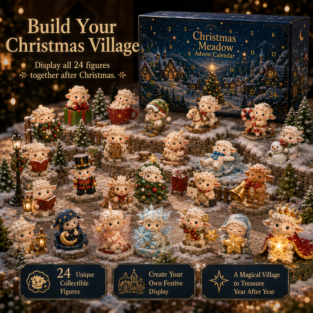 🎄 24-Day Christmas Lamb Village Advent Calendar – 22 Collectible Figures + 2 Secret Characters ✨