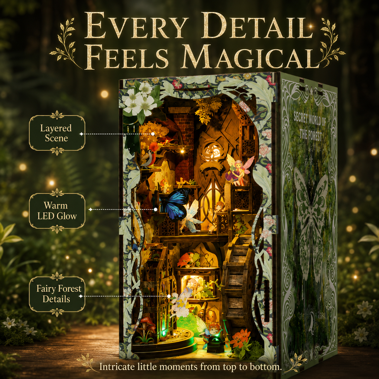 Detailed fairy forest interior of Whisperwood book nook