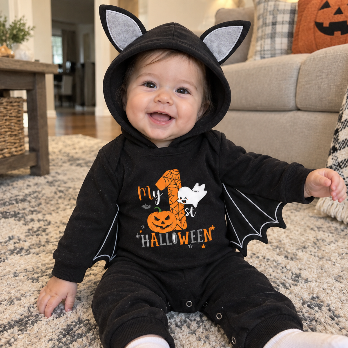 Baby My First Halloween Black Bat Costume Romper with Wing Details