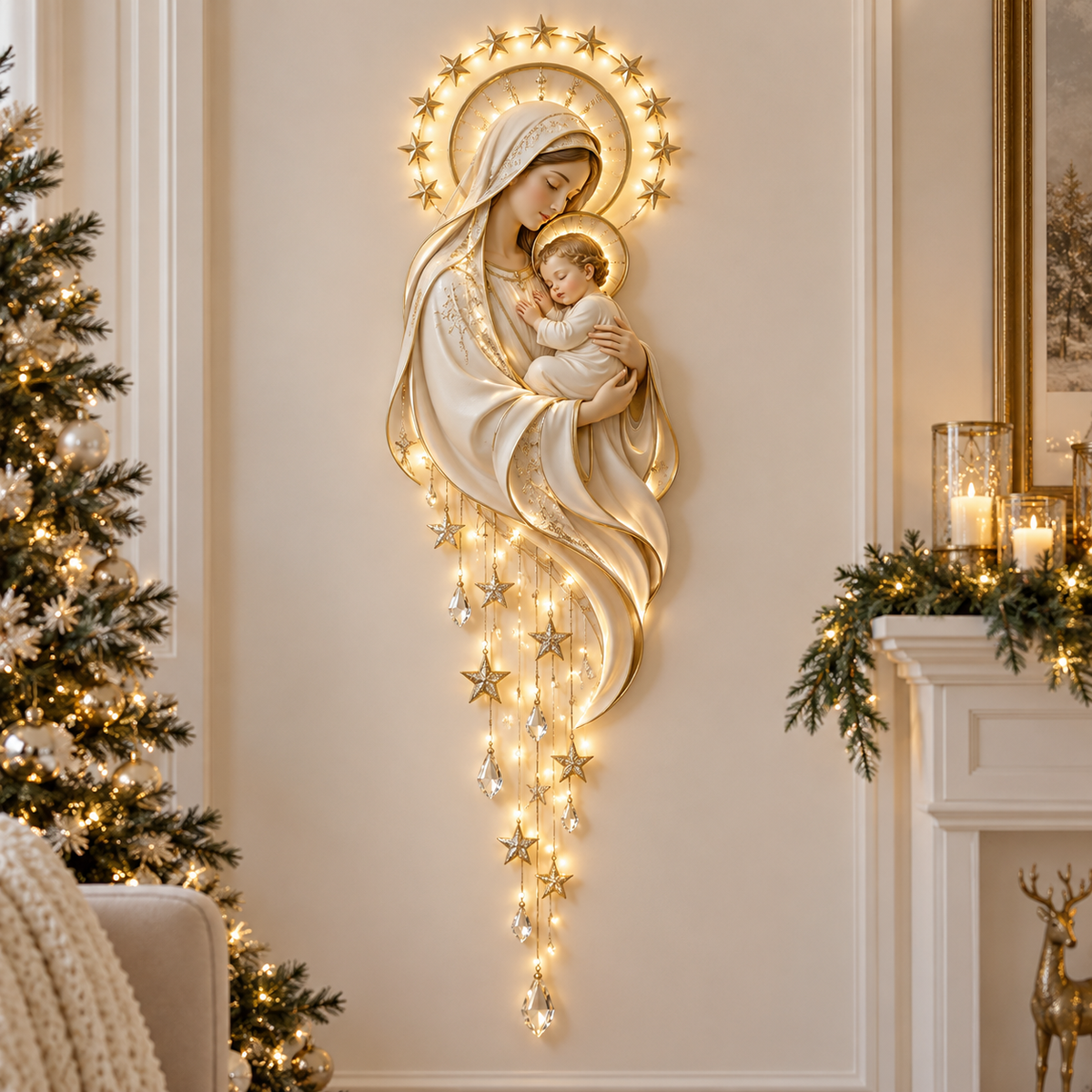 ✨ Crown of Stars Madonna & Child Lighted Wall Decor – Heavenly Faith-Inspired Christmas Accent