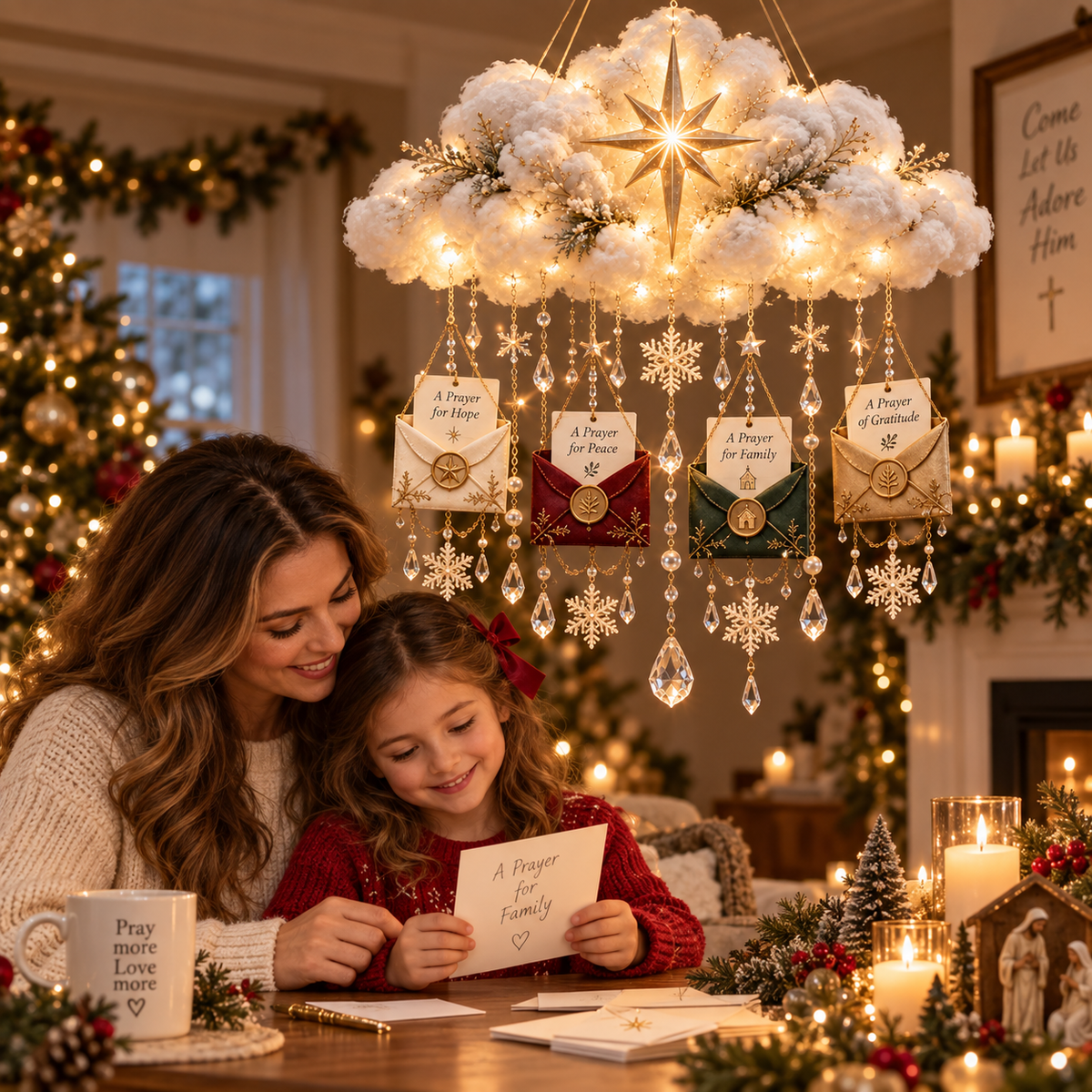 Blessing From Above™ — Lighted Christmas Prayer Cloud with Blessing Envelopes & Crystal Snowflakes