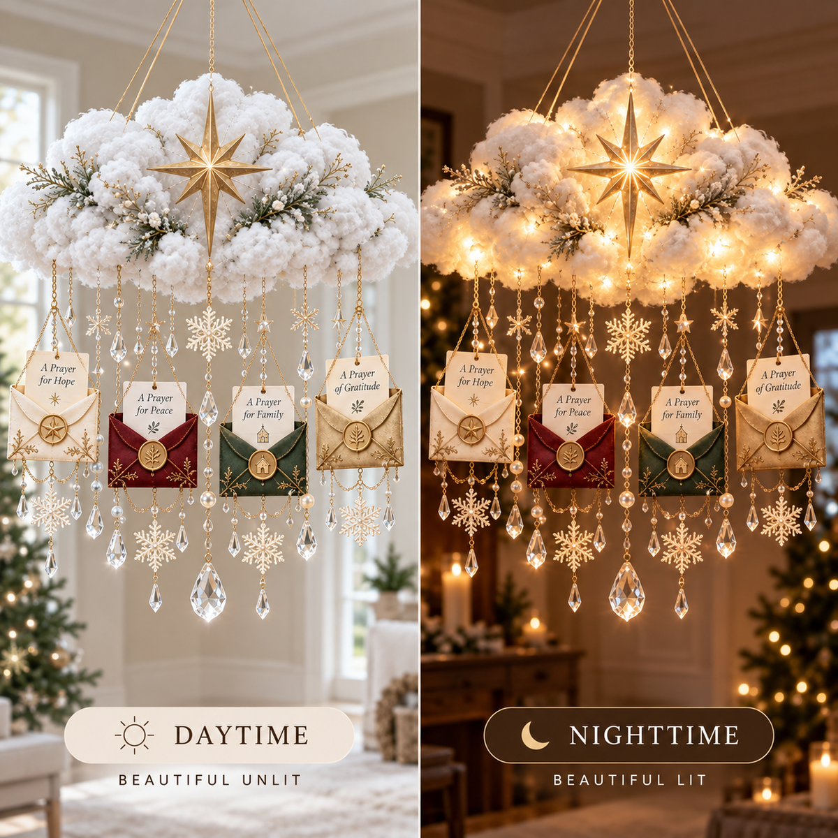 Blessing From Above™ — Lighted Christmas Prayer Cloud with Blessing Envelopes & Crystal Snowflakes