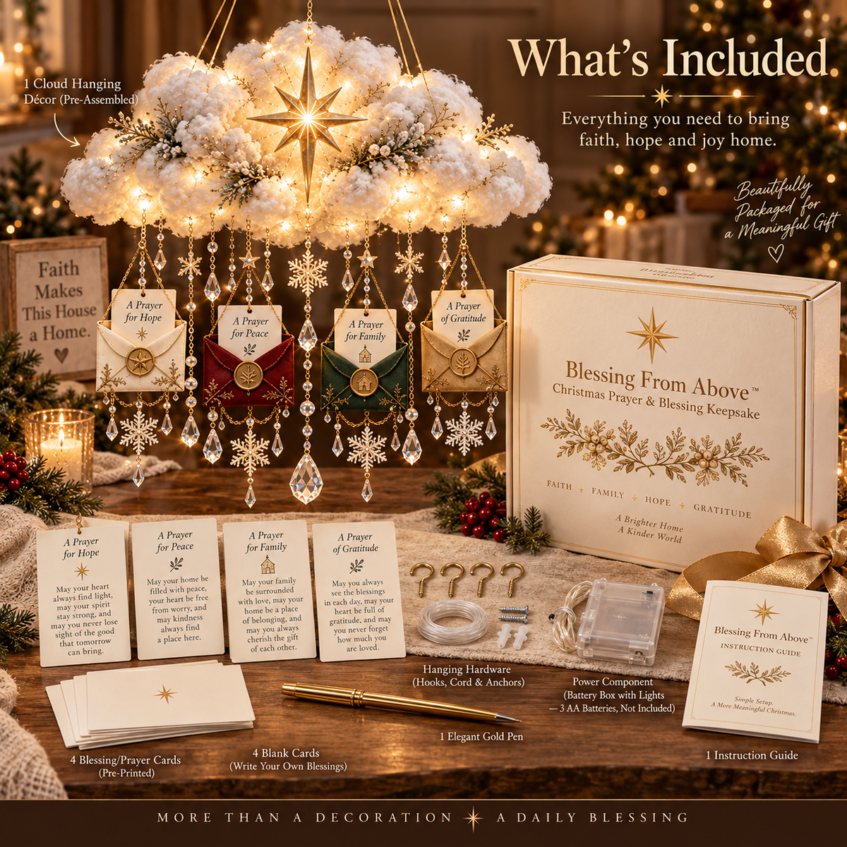 Blessing From Above™ — Lighted Christmas Prayer Cloud with Blessing Envelopes & Crystal Snowflakes
