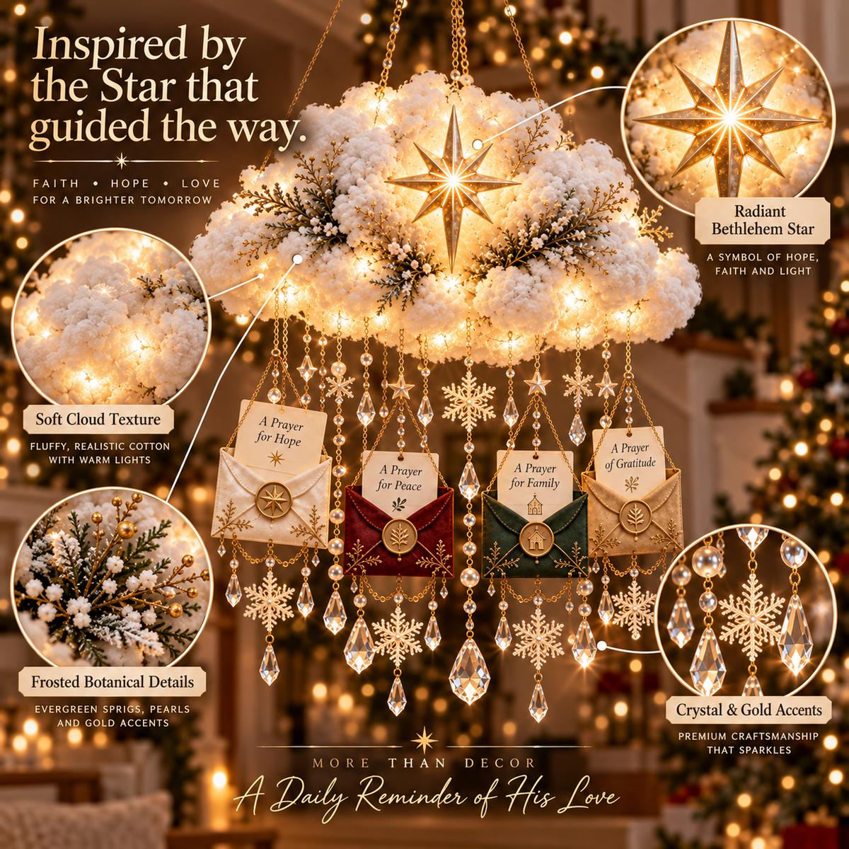 Blessing From Above™ — Lighted Christmas Prayer Cloud with Blessing Envelopes & Crystal Snowflakes