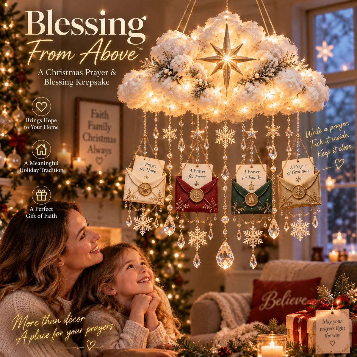 Blessing From Above™ — Lighted Christmas Prayer Cloud with Blessing Envelopes & Crystal Snowflakes