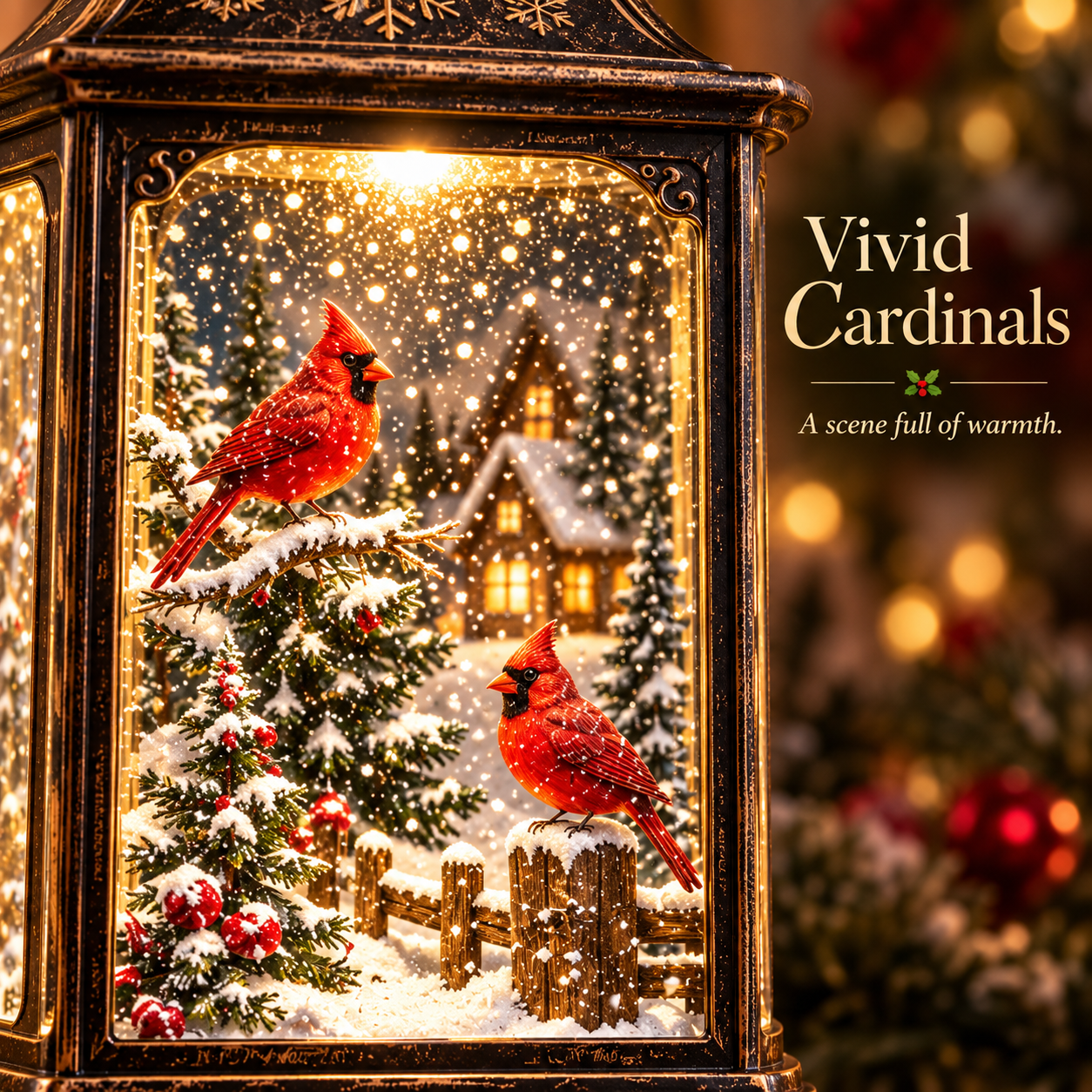 Two vivid red cardinals inside winter lantern