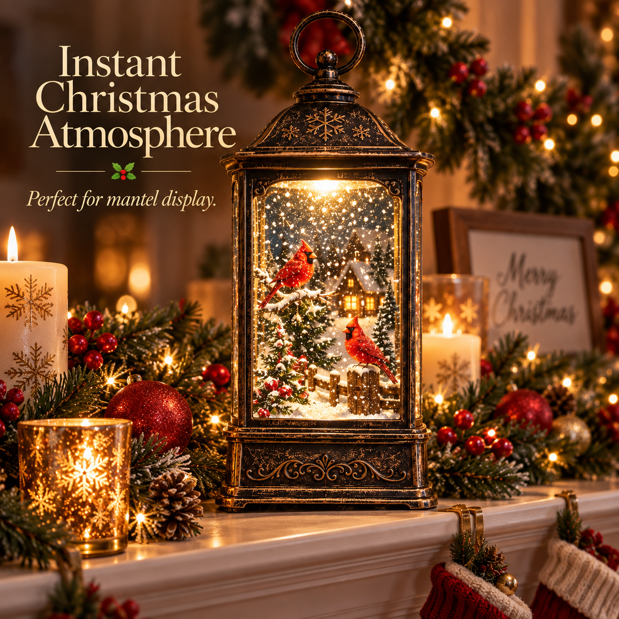 Cardinal Winter Snowing Lantern mantel display