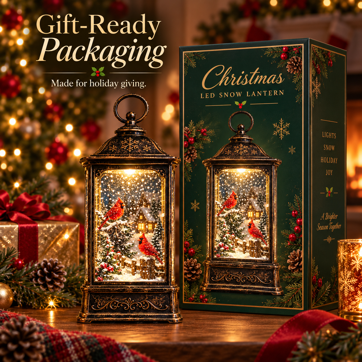 Cardinal Winter Snowing Lantern gift packaging