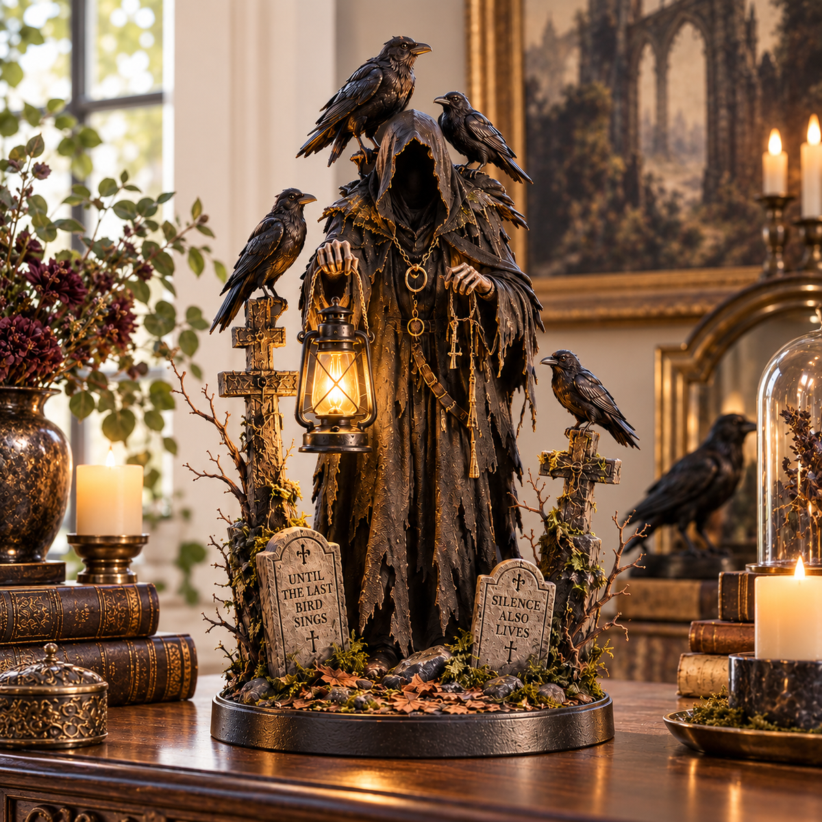 Raven Guardian Lantern Statue year round shelf decor