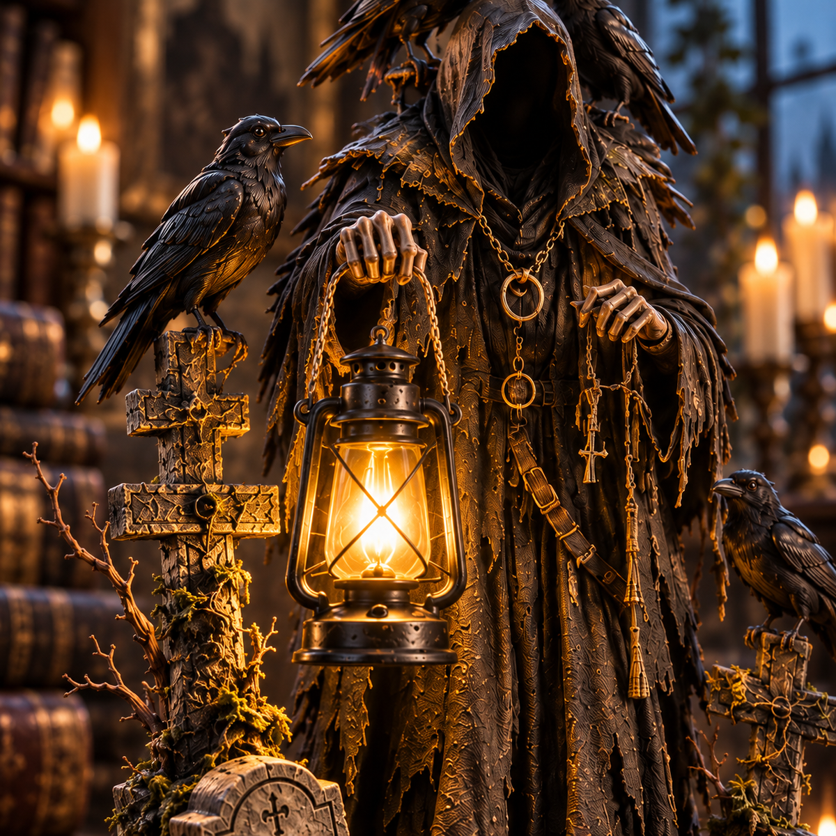 Close-up of warm lantern and gothic Raven Guardian details
