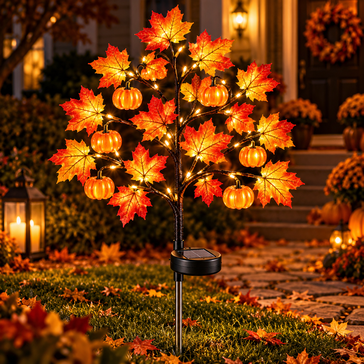 Solar Maple Leaf & Pumpkin Tree Lights – Fall Yard Decor 🍁🎃