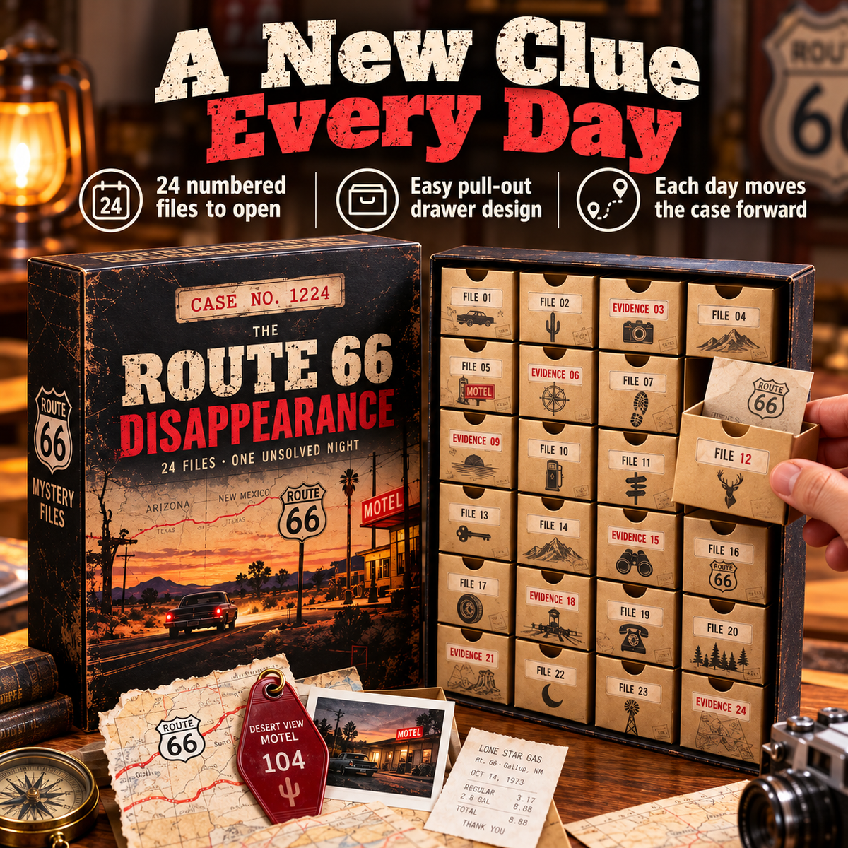 🔎 The Route 66 Disappearance – 24 Days of Mystery Files, Clues & Codes