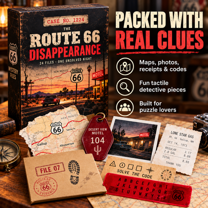 🔎 The Route 66 Disappearance – 24 Days of Mystery Files, Clues & Codes