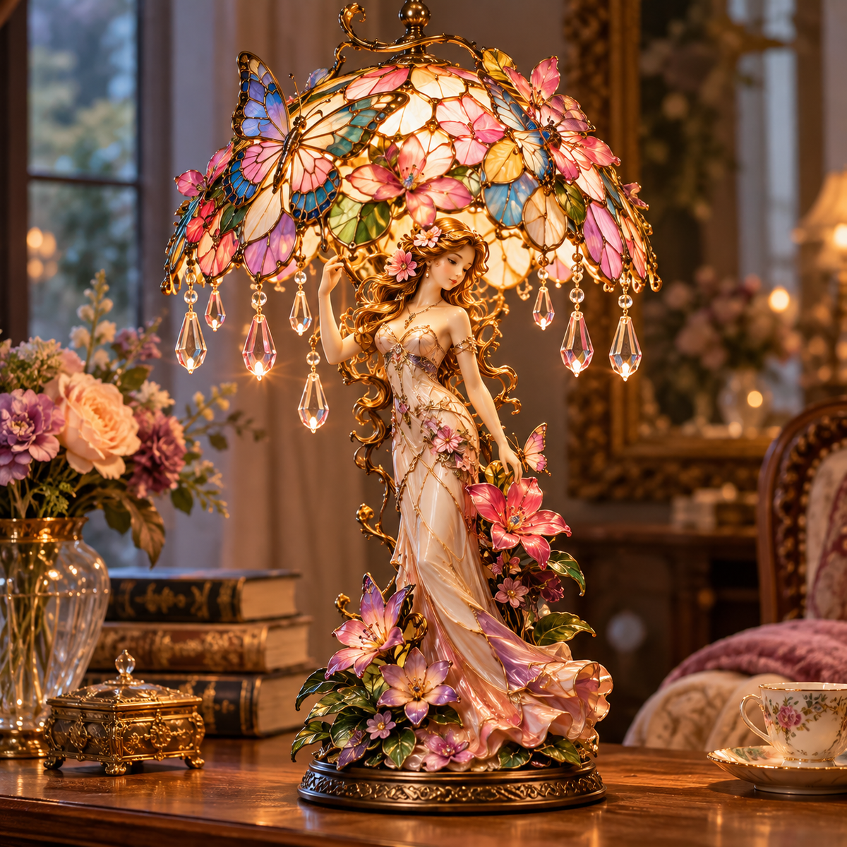 Butterfly garden lady decorative lamp glowing in an elegant room