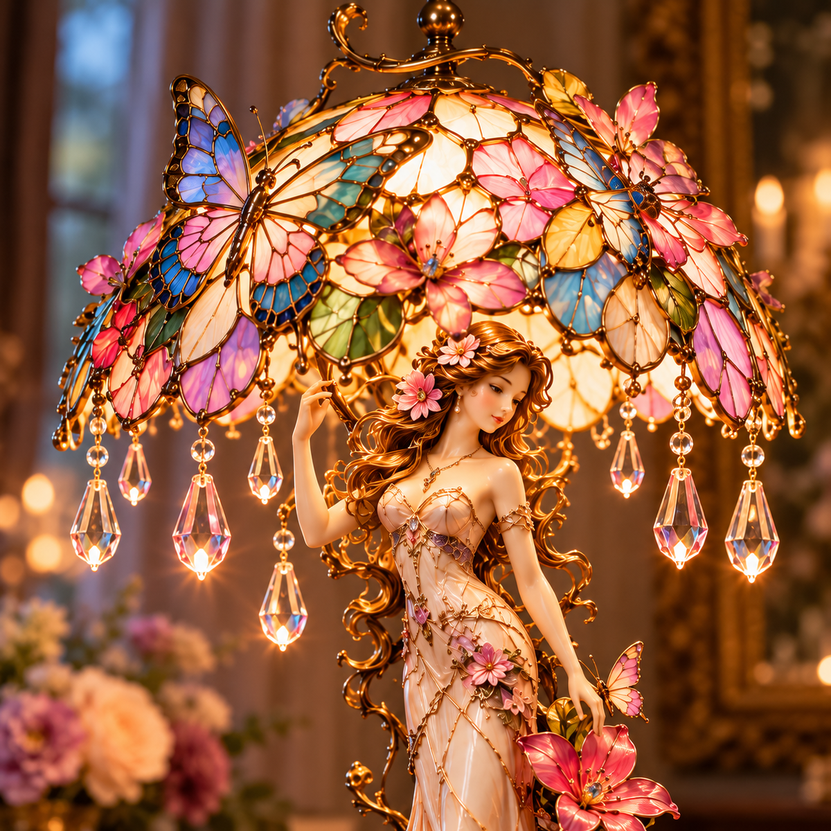 🦋✨ Enchanted Butterfly Garden Lady Lamp – Illuminated Floral Sculpture 🌸💡