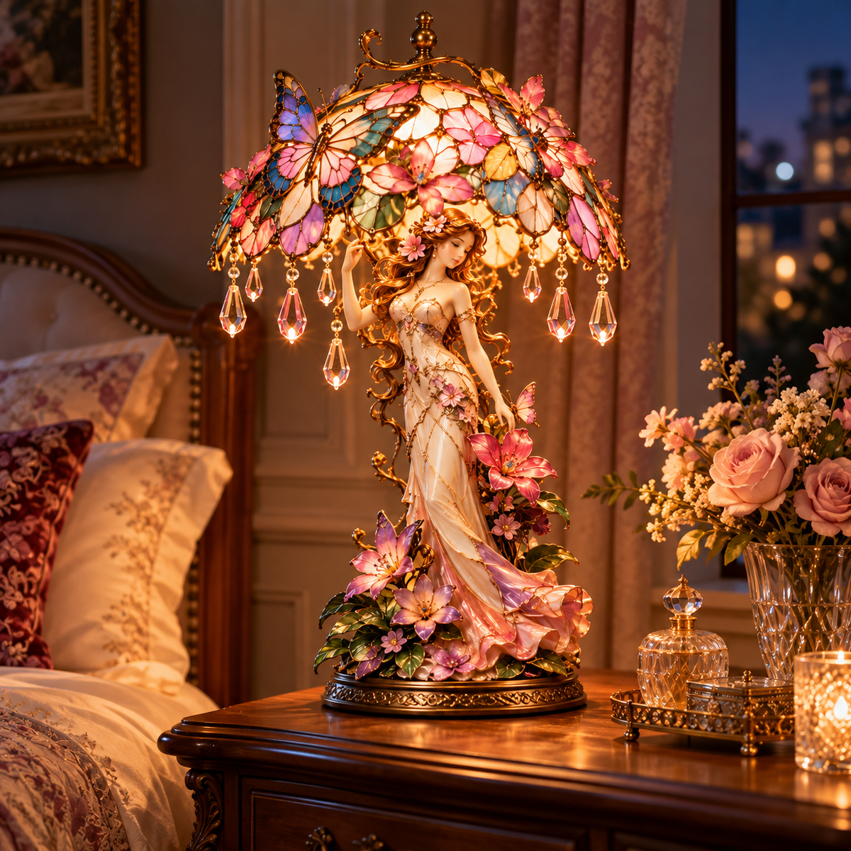 Butterfly garden lady lamp glowing on a bedside table at night