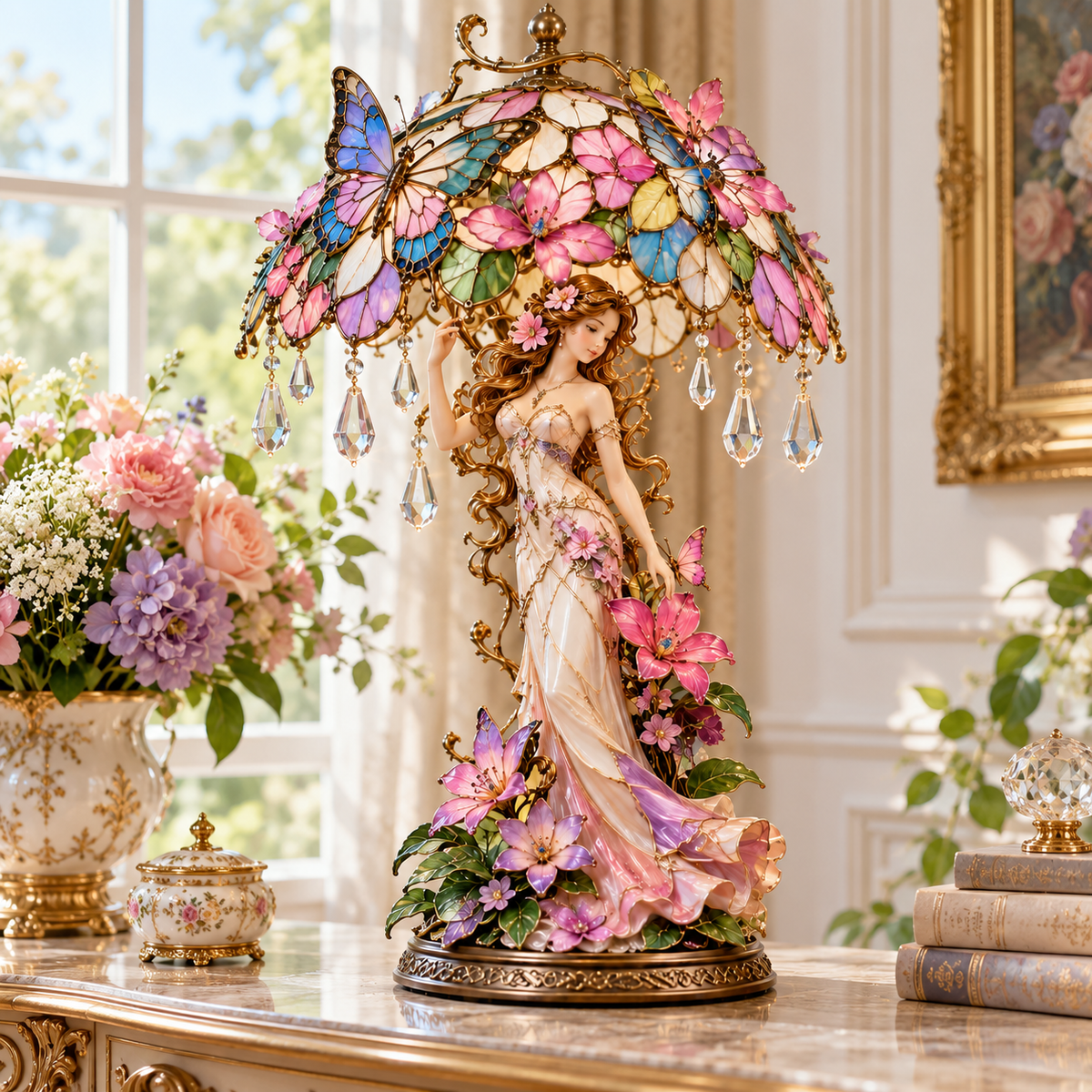 🦋✨ Enchanted Butterfly Garden Lady Lamp – Illuminated Floral Sculpture 🌸💡