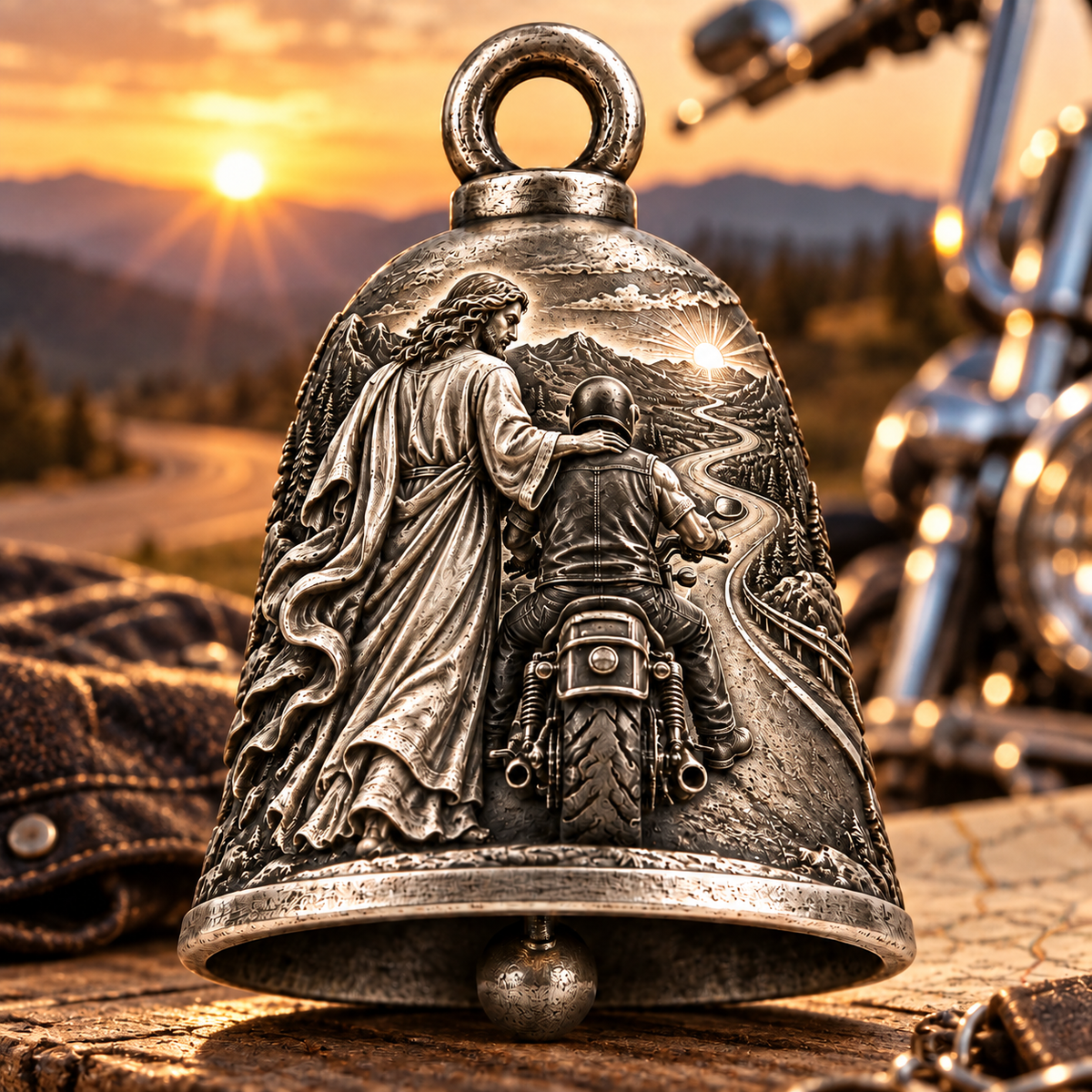 Jesus beside motorcycle rider guardian bell