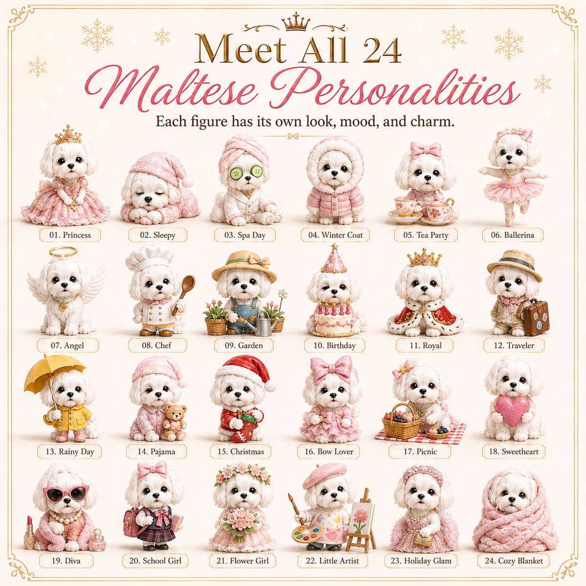 Complete collection of 24 differently styled Maltese dog figures including princess chef artist and sleepy puppy
