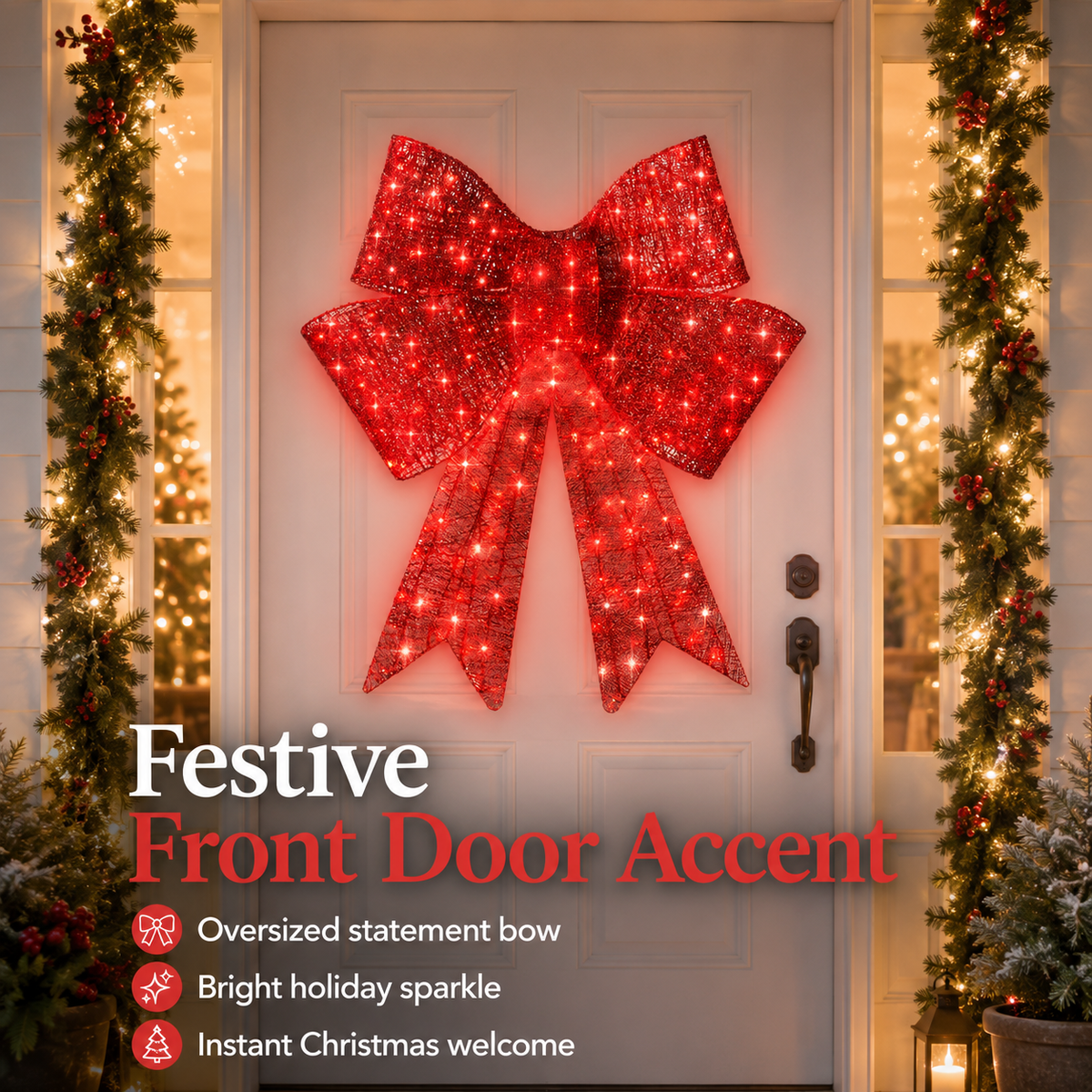 🎀✨ Pre-Lit Christmas Bow — Lighted Door & Window Holiday Decor
