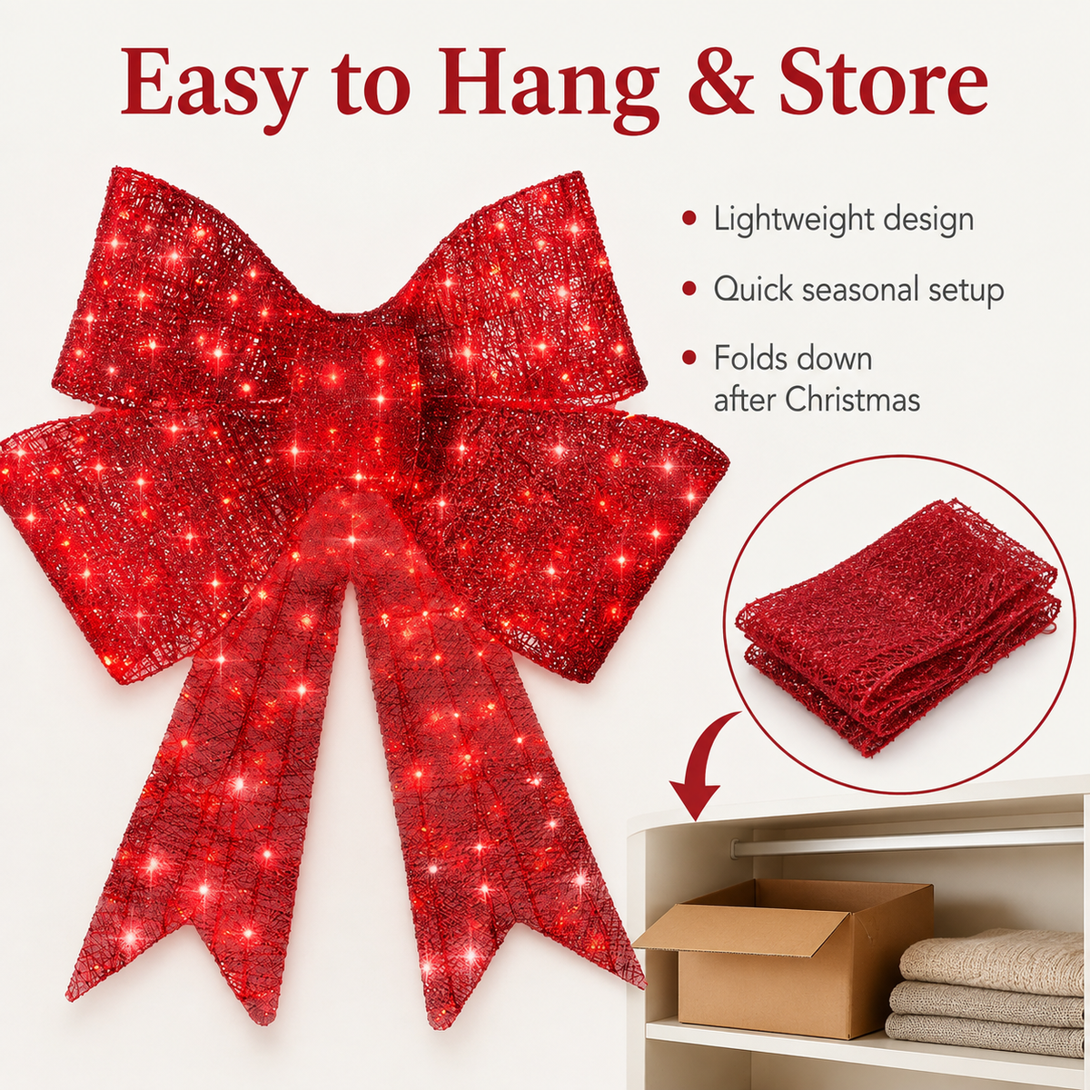 🎀✨ Pre-Lit Christmas Bow — Lighted Door & Window Holiday Decor