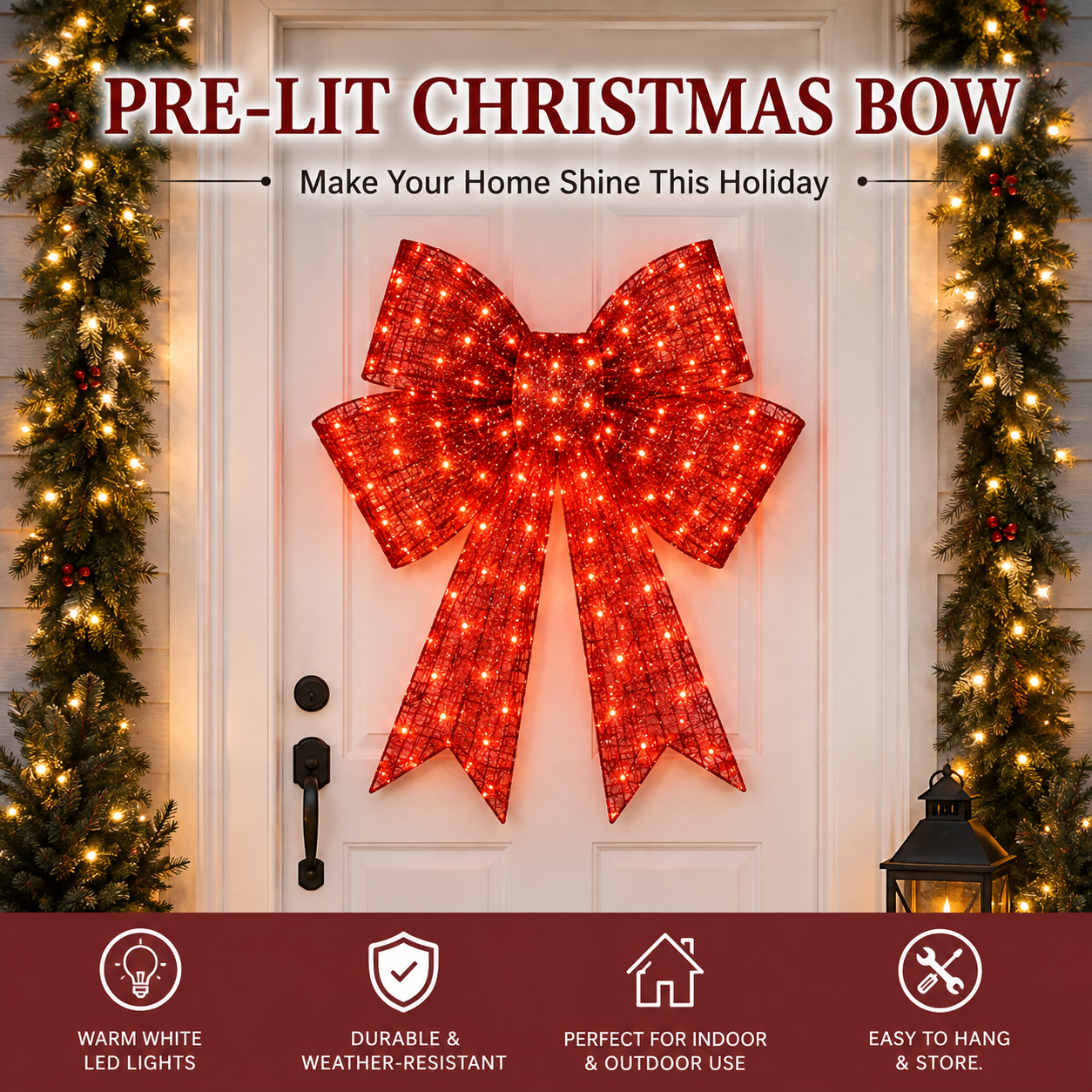 🎀✨ Pre-Lit Christmas Bow — Lighted Door & Window Holiday Decor