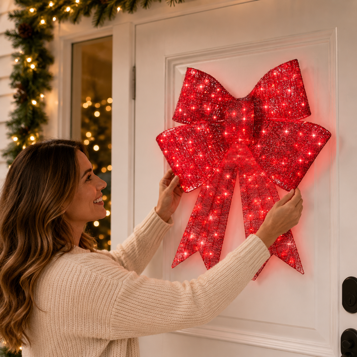 🎀✨ Pre-Lit Christmas Bow — Lighted Door & Window Holiday Decor