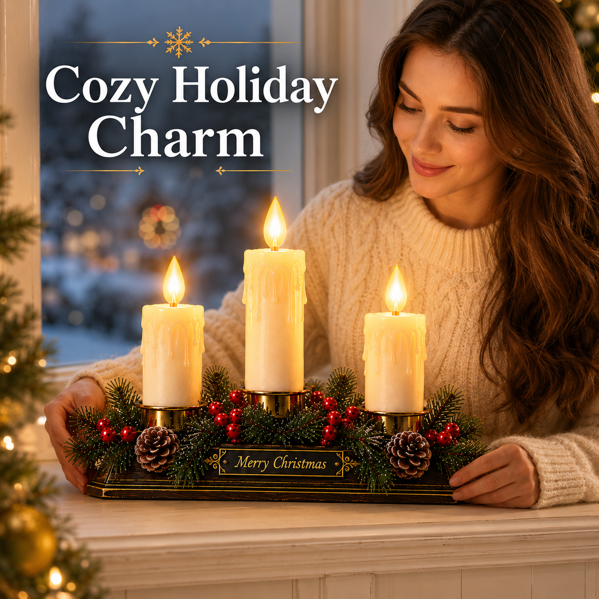 🕯️ Christmas Memory Window Candelabra – 3-Light LED Holiday Decor