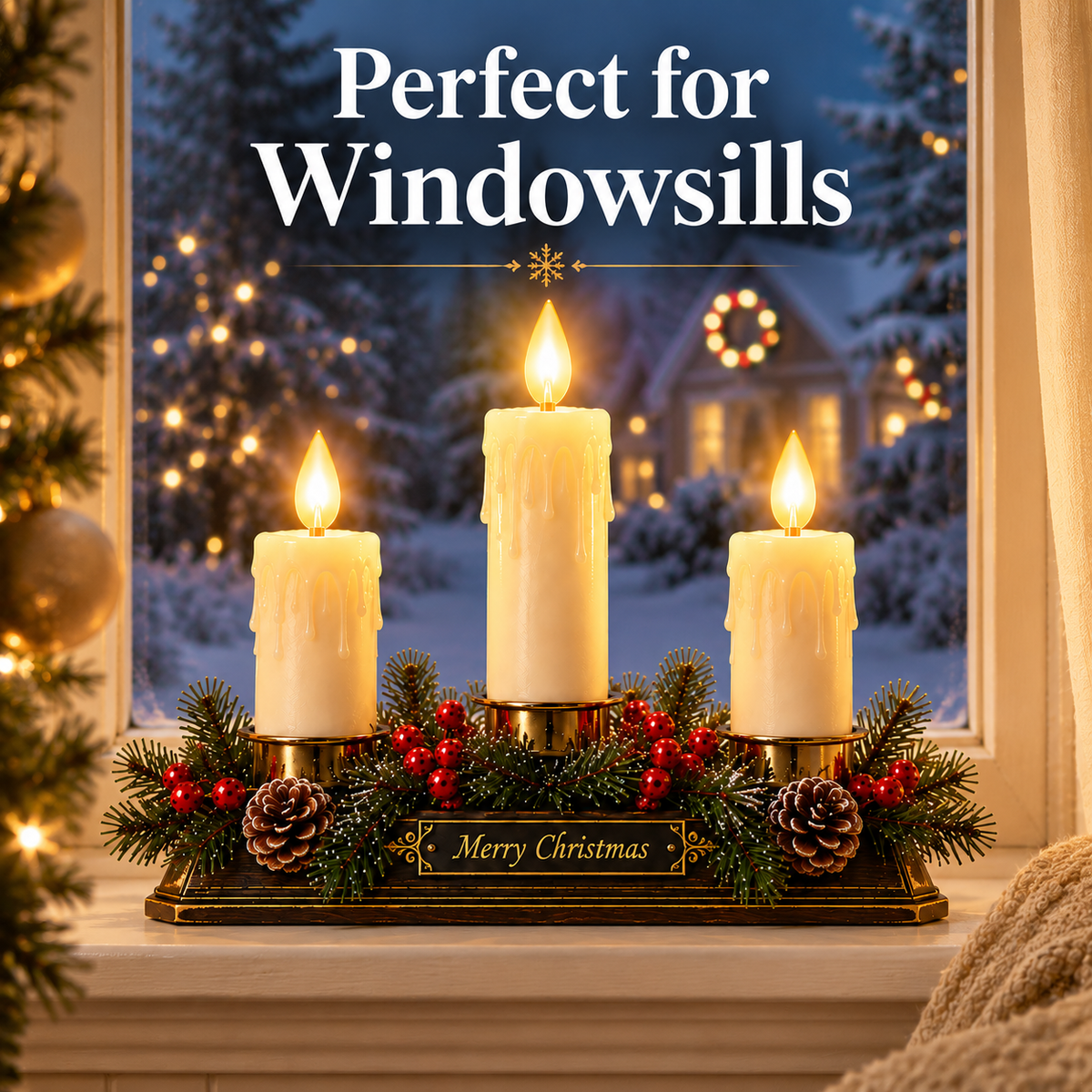 🕯️ Christmas Memory Window Candelabra – 3-Light LED Holiday Decor