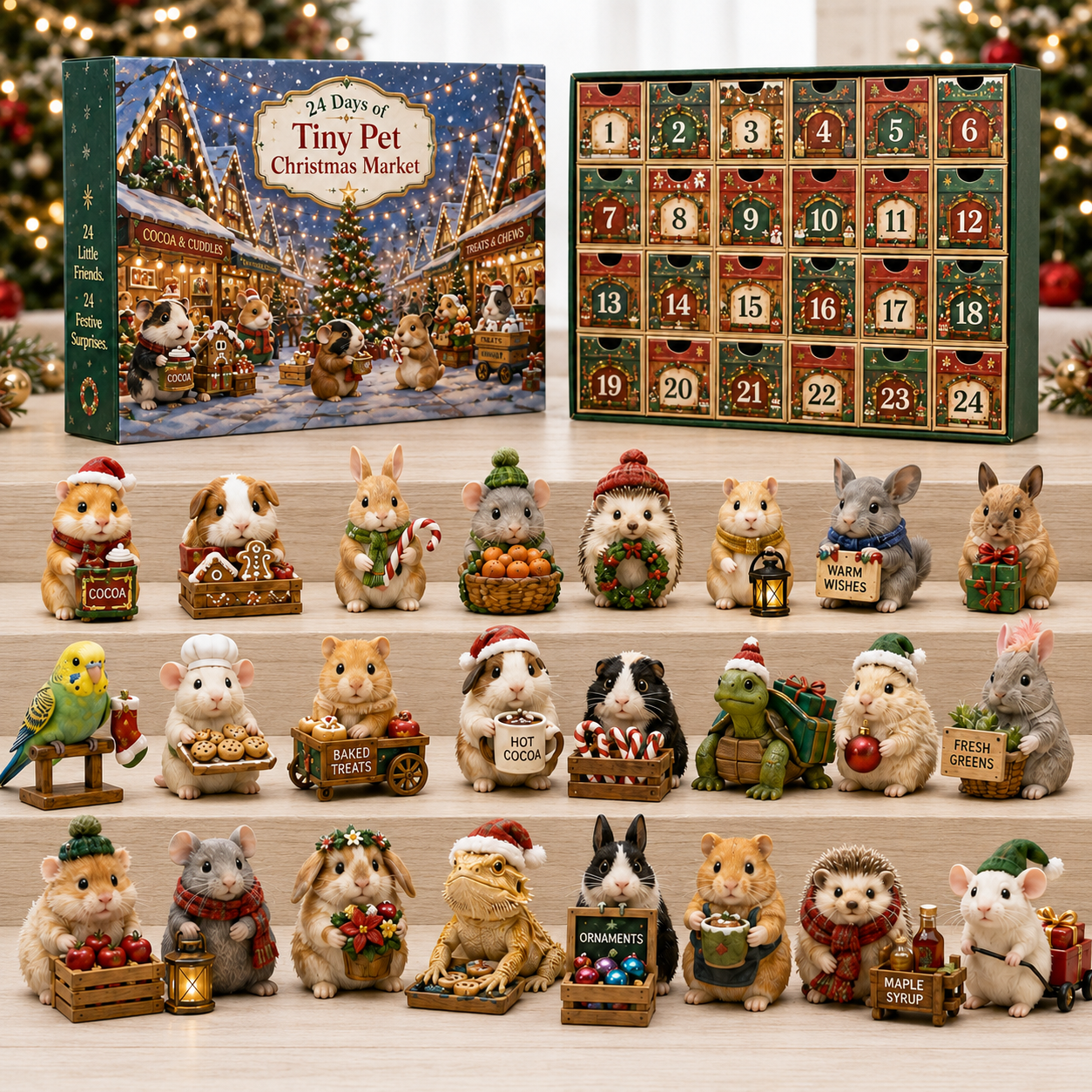 24 Tiny Pet Christmas Market characters displayed with the advent calendar