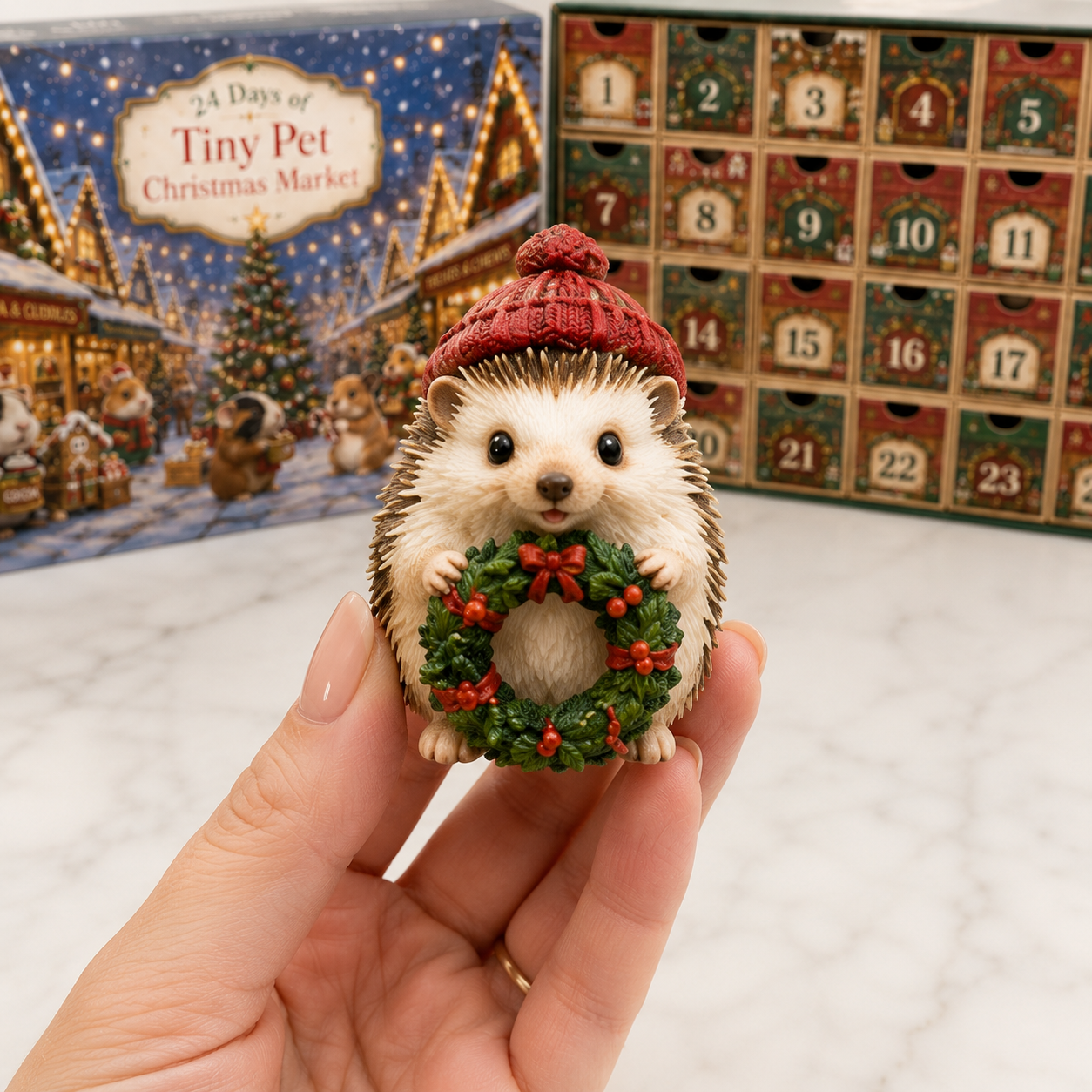 Tiny hedgehog Christmas collectible held in an adult hand for scale