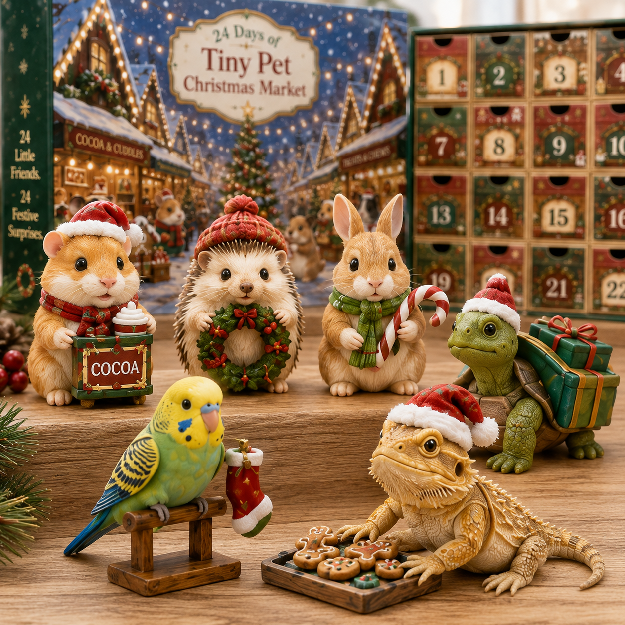 Close up of Tiny Pet Christmas Market collectible characters