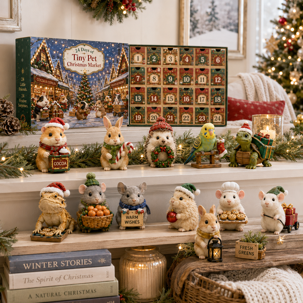 Tiny Pet Christmas Market collectibles displayed in a Christmas home