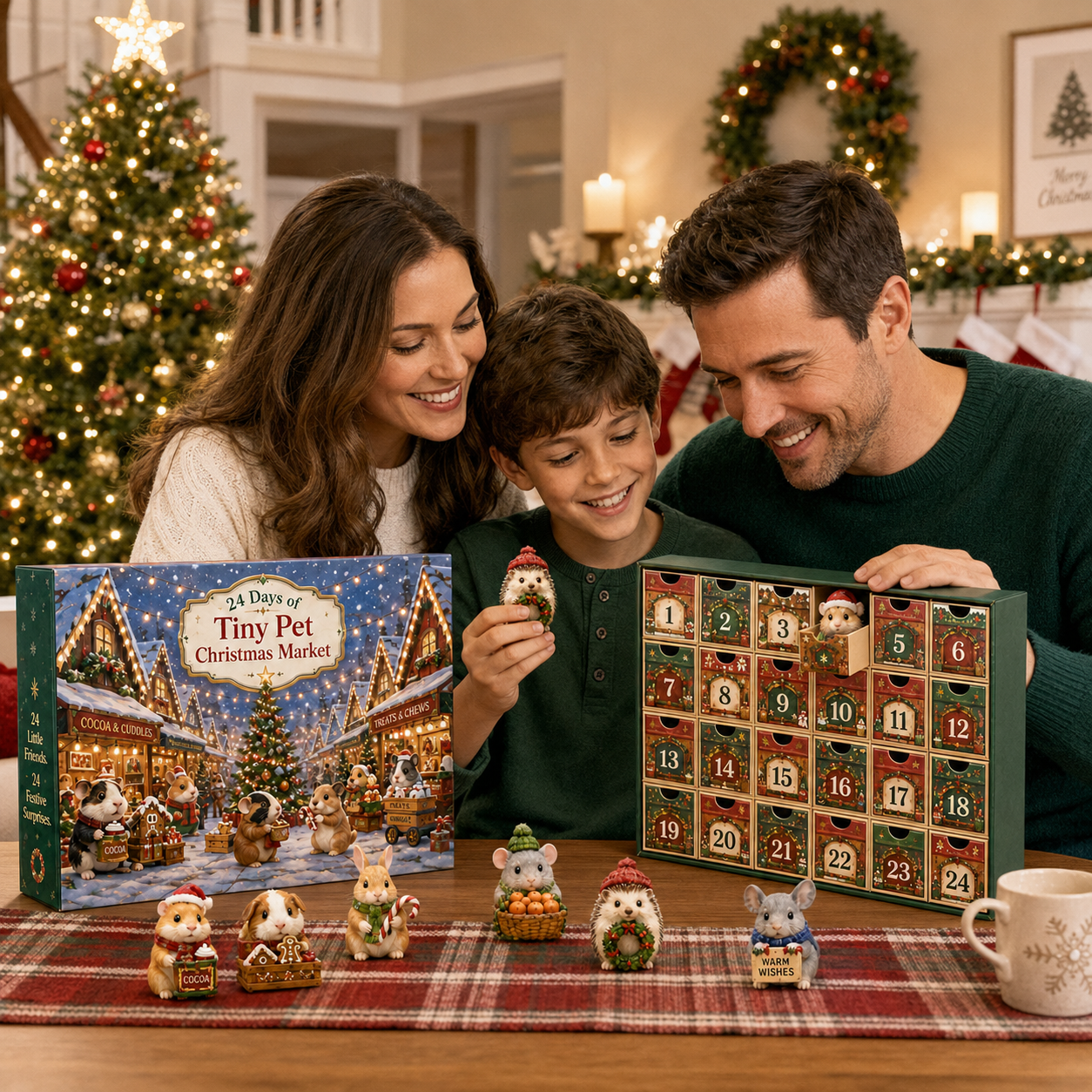 Family opening the Tiny Pet Christmas Market Advent Calendar together