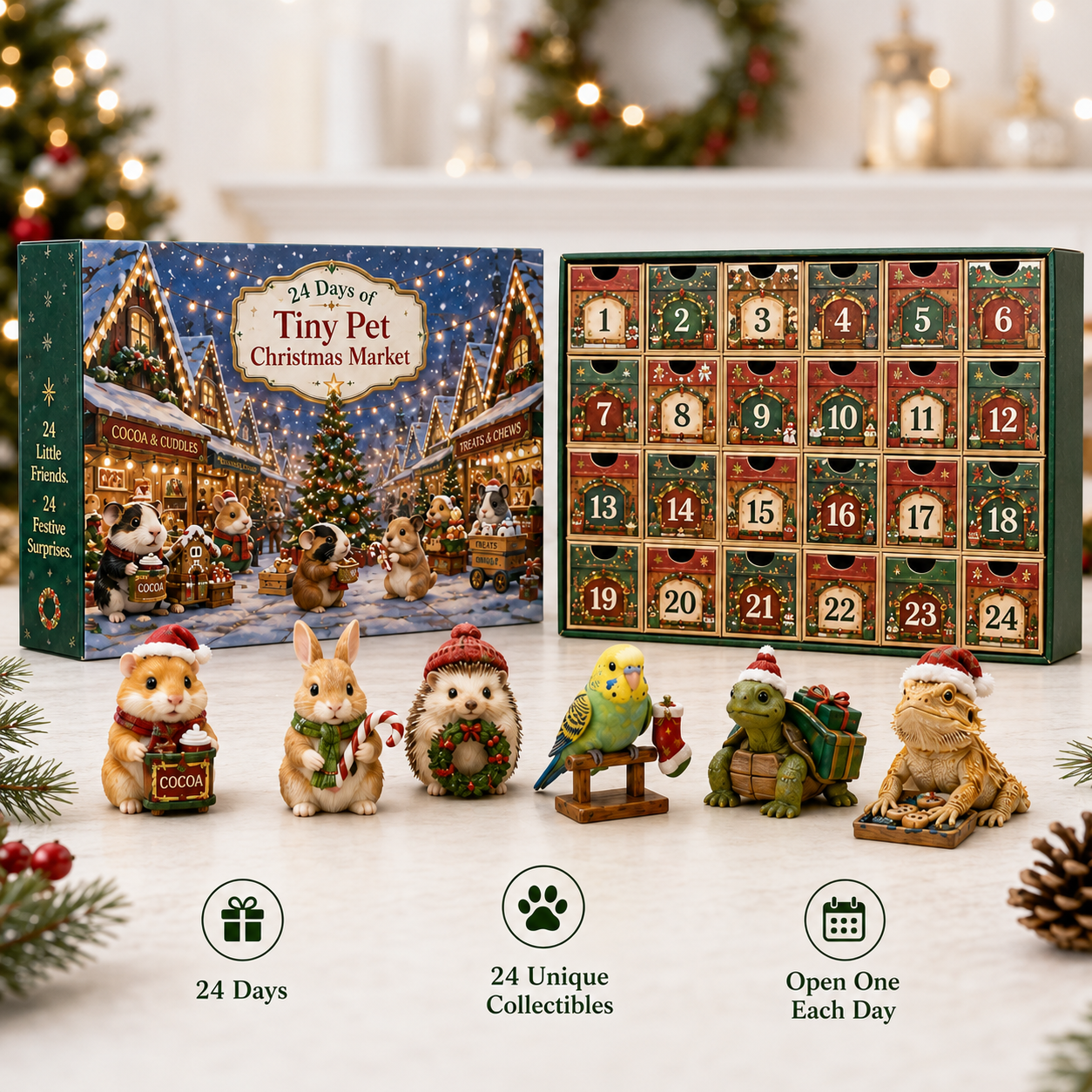 Tiny Pet Christmas Market product overview with advent calendar and collectibles