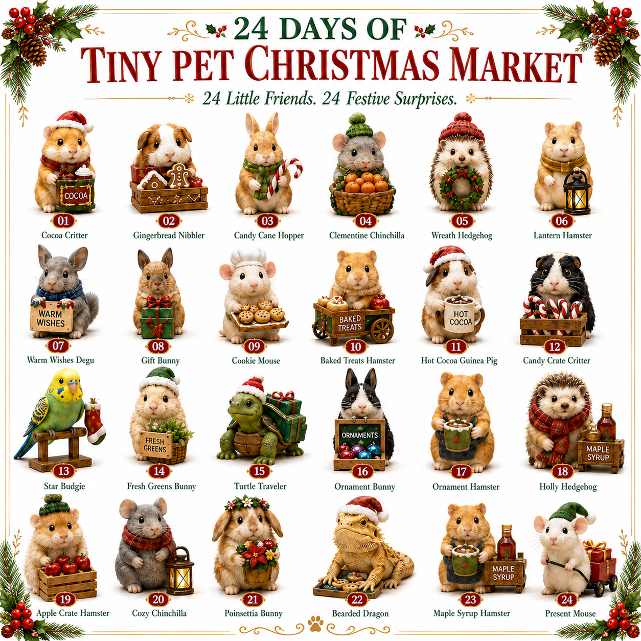 Full collection chart showing 24 Tiny Pet Christmas Market characters