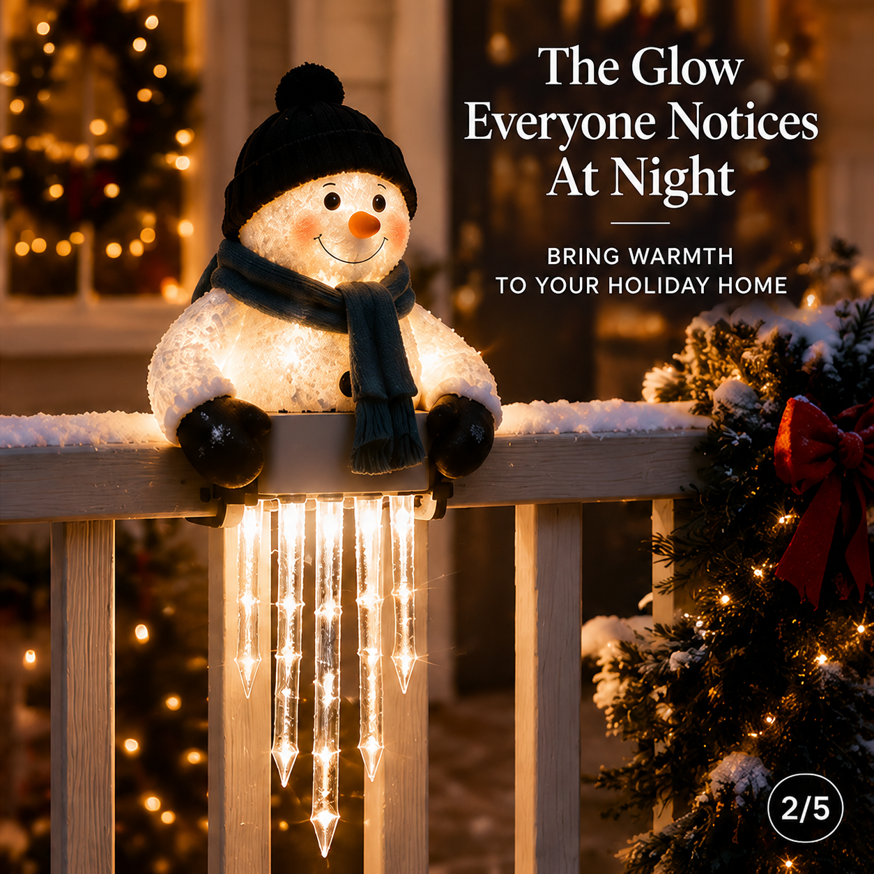 WinterGlow Snowman Icicle Light illuminated at night